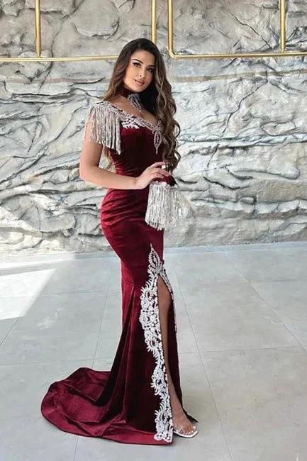 Gorgeous Red Sweetheart Column Appliques Sleeveless Split Front Floor-length Prom Dresses with Train by misshow.com
