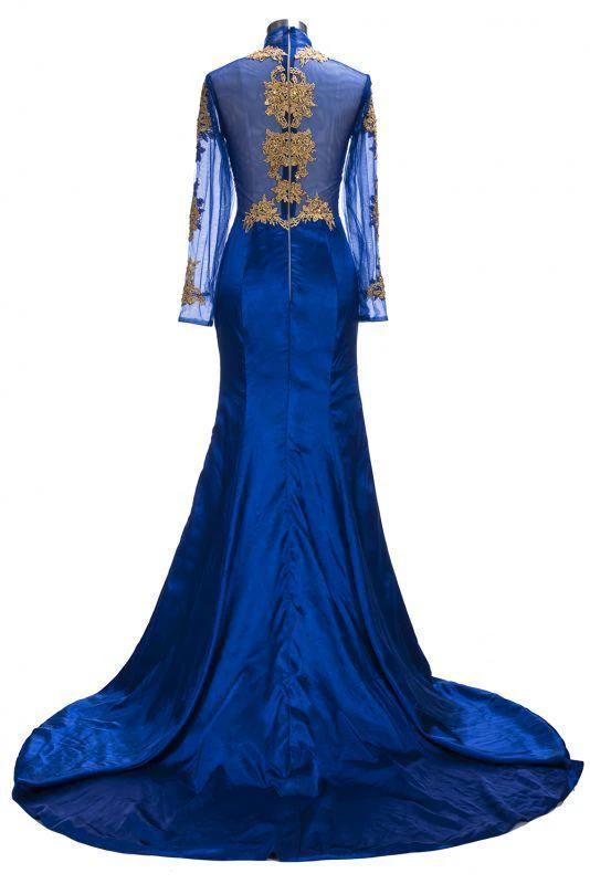 Gorgeous Royal Blue Prom Dresses | Gold Appliques Side Slit Mermaid Evening Dresses by misshow.com