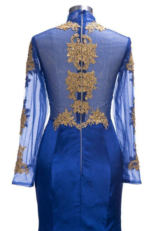 Gorgeous Royal Blue Prom Dresses | Gold Appliques Side Slit Mermaid Evening Dresses by misshow.com