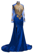 Gorgeous Royal Blue Prom Dresses | Gold Appliques Side Slit Mermaid Evening Dresses by misshow.com