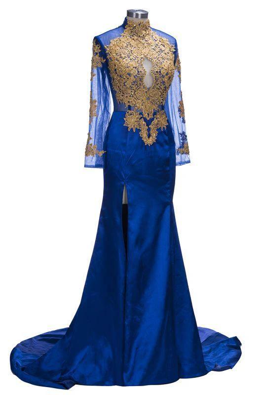 Gorgeous Royal Blue Prom Dresses | Gold Appliques Side Slit Mermaid Evening Dresses by misshow.com