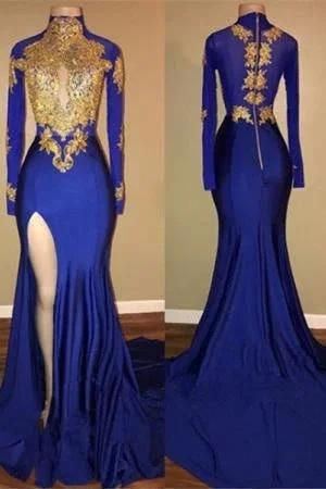 Gorgeous Royal Blue Prom Dresses | Gold Appliques Side Slit Mermaid Evening Dresses by misshow.com
