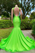 Gorgeous Sequined V-neck Sleeveless Stretch Satin Mermaid Prom Dress with Appliques by misshow.com