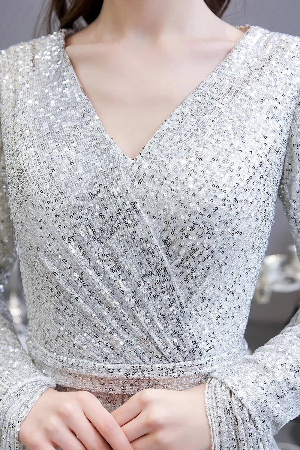 Gorgeous Sequins Long Sleeve V-Neck Mermaid Evening Gowns by BIZTUNNEL