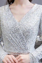 Gorgeous Sequins Long Sleeve V-Neck Mermaid Evening Gowns by BIZTUNNEL