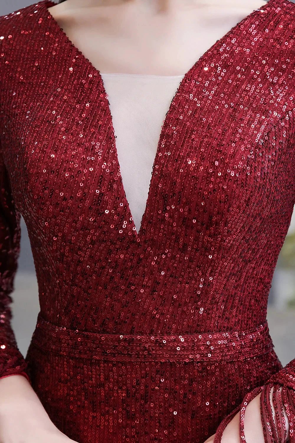 Gorgeous Sequins Long Sleeve V-Neck Mermaid Evening Gowns by BIZTUNNEL