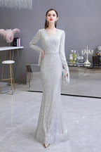 Gorgeous Sequins Long Sleeve V-Neck Mermaid Evening Gowns by BIZTUNNEL