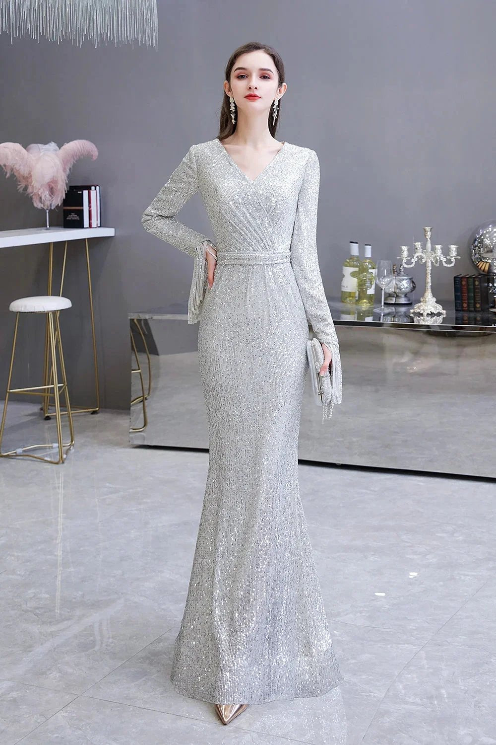 Gorgeous Sequins Long Sleeve V-Neck Mermaid Evening Gowns by BIZTUNNEL