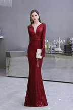 Gorgeous Sequins Long Sleeve V-Neck Mermaid Evening Gowns by BIZTUNNEL