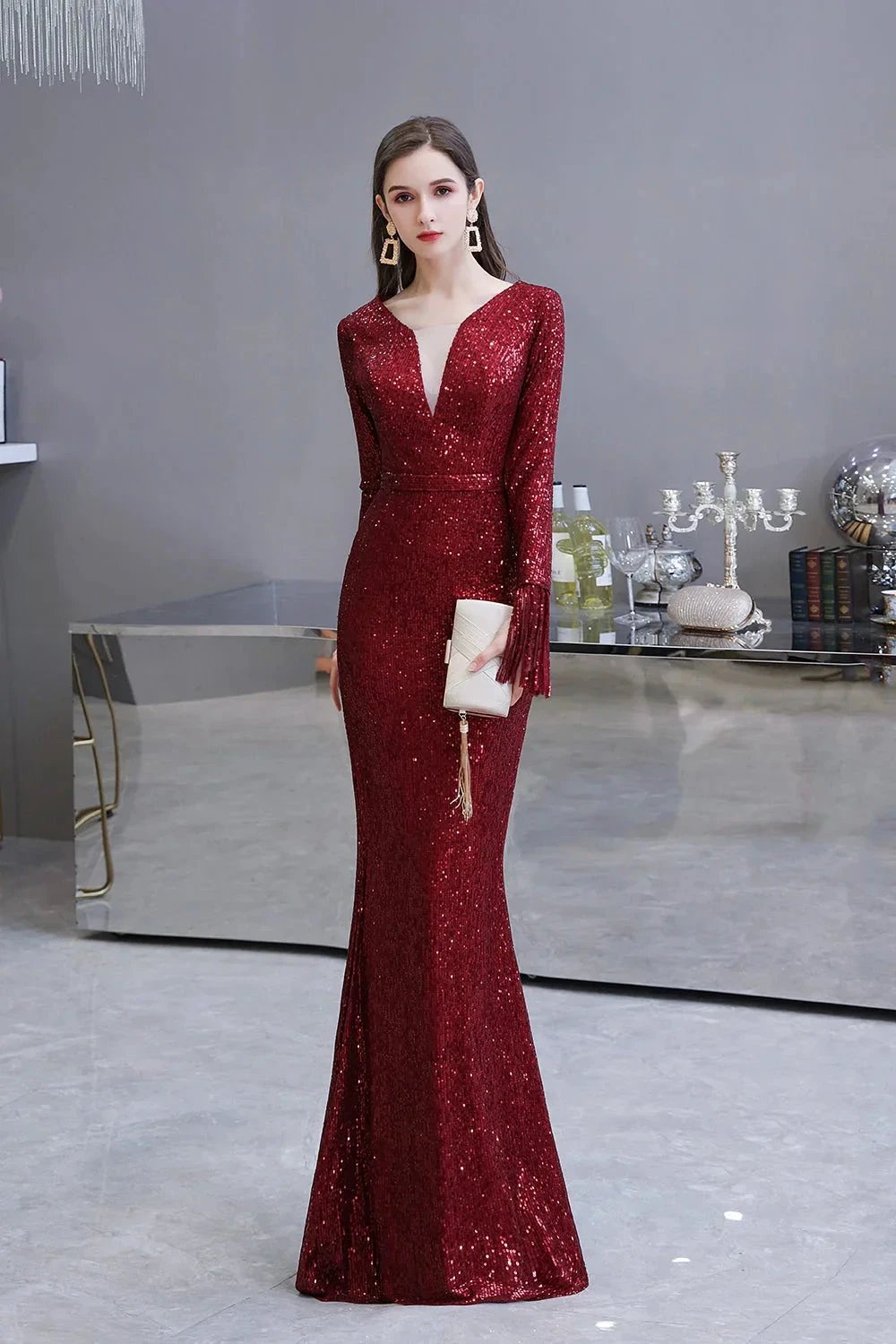 Gorgeous Sequins Long Sleeve V-Neck Mermaid Evening Gowns by BIZTUNNEL