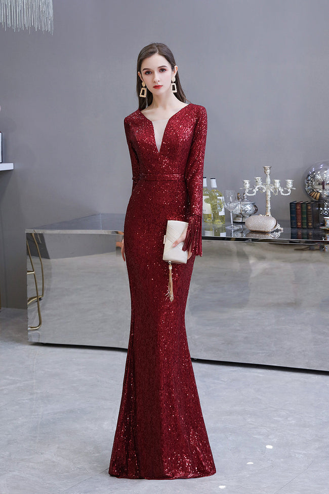 Gorgeous Sequins Long Sleeve V-Neck Mermaid Evening Gowns Hover Image