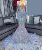 Gorgeous Sequins V-neck Long Sleeve pattern Floor-length Mermaid Prom Dresses by misshow.com