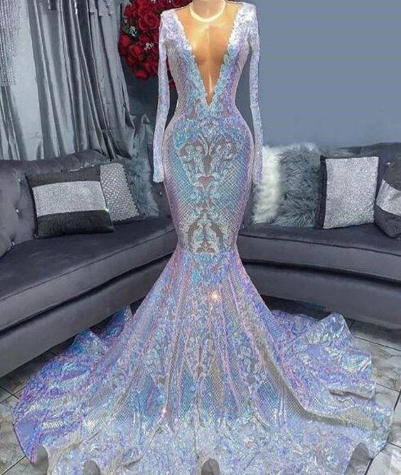 Gorgeous Sequins V-neck Long Sleeve pattern Floor-length Mermaid Prom Dresses by misshow.com