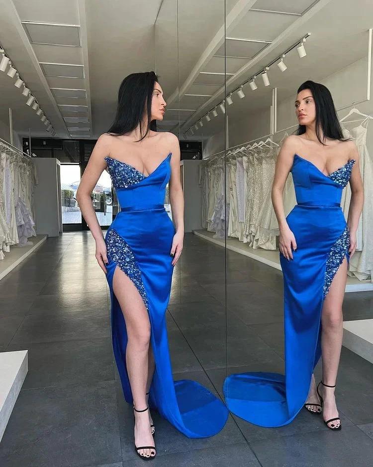 Gorgeous Sexy Royal Blue Sleeveless Long Beads Evening Dress With Split by misshow.com