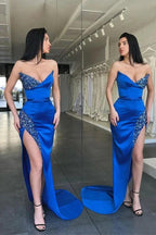 Gorgeous Sexy Royal Blue Sleeveless Long Beads Evening Dress With Split by misshow.com