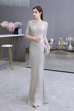 Gorgeous Silver Long sleeves Long Prom Dress by BIZTUNNEL