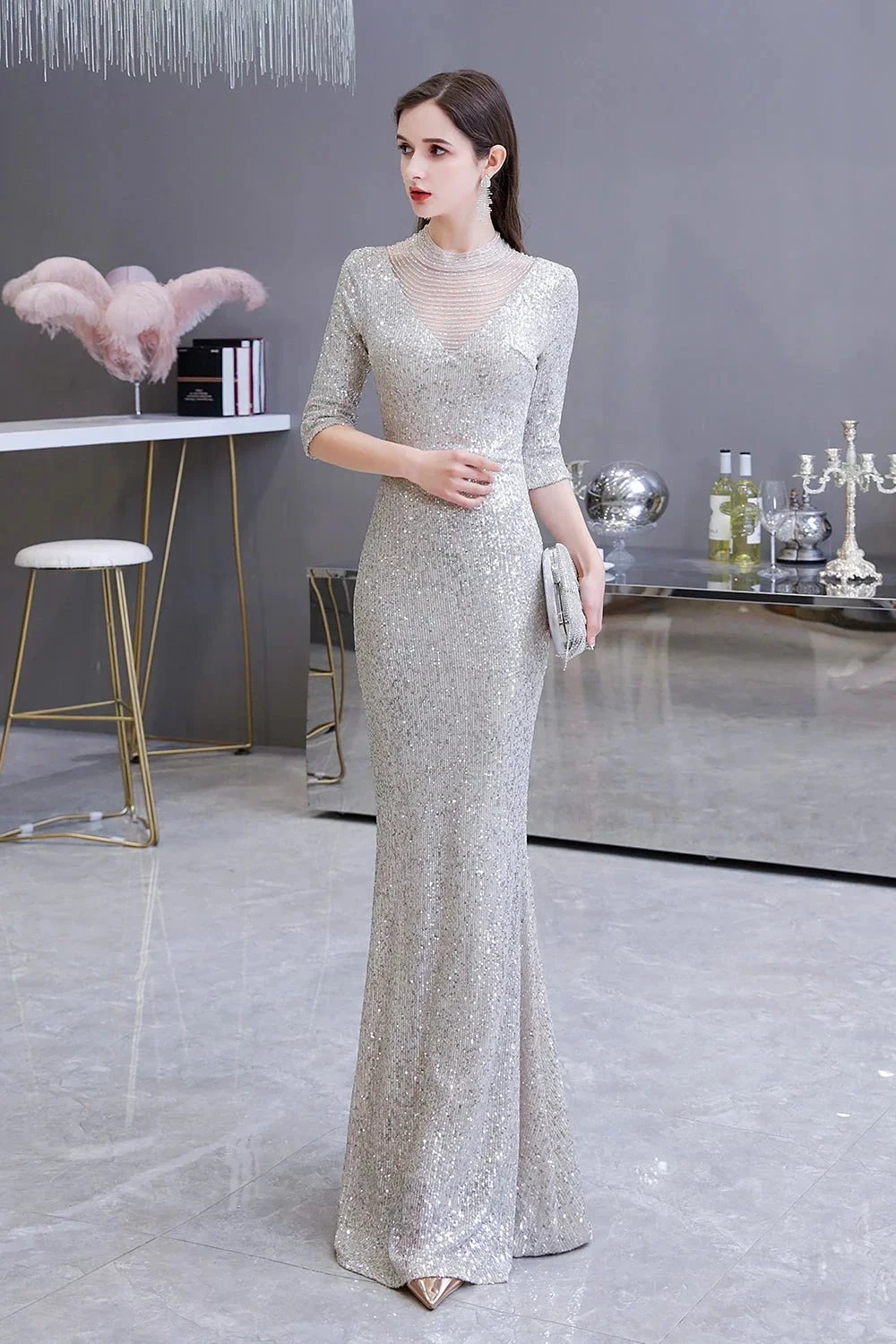 Gorgeous Silver Long sleeves Long Prom Dress by BIZTUNNEL