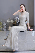 Gorgeous Silver Long sleeves Long Prom Dress by BIZTUNNEL