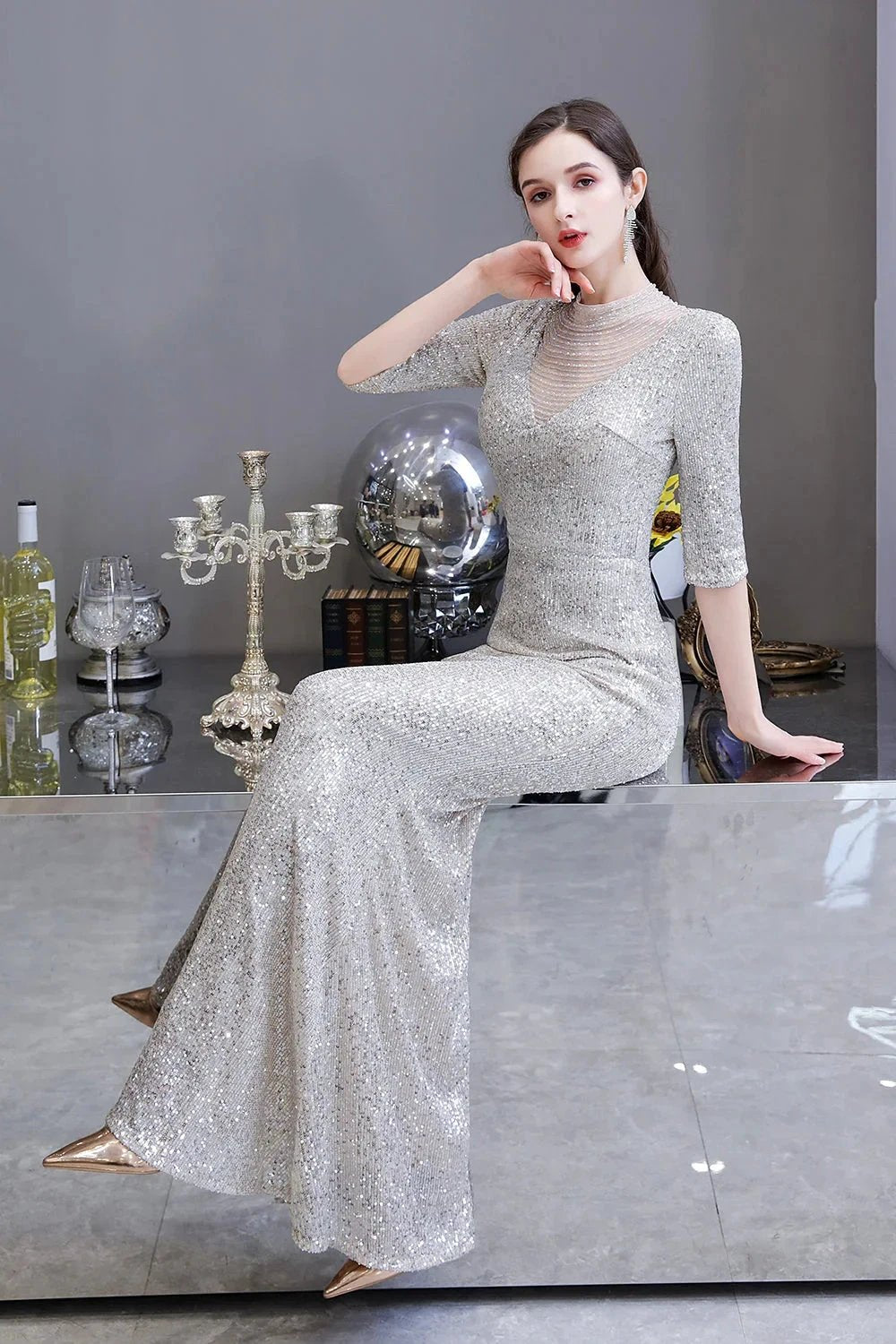 Gorgeous Silver Long sleeves Long Prom Dress by BIZTUNNEL