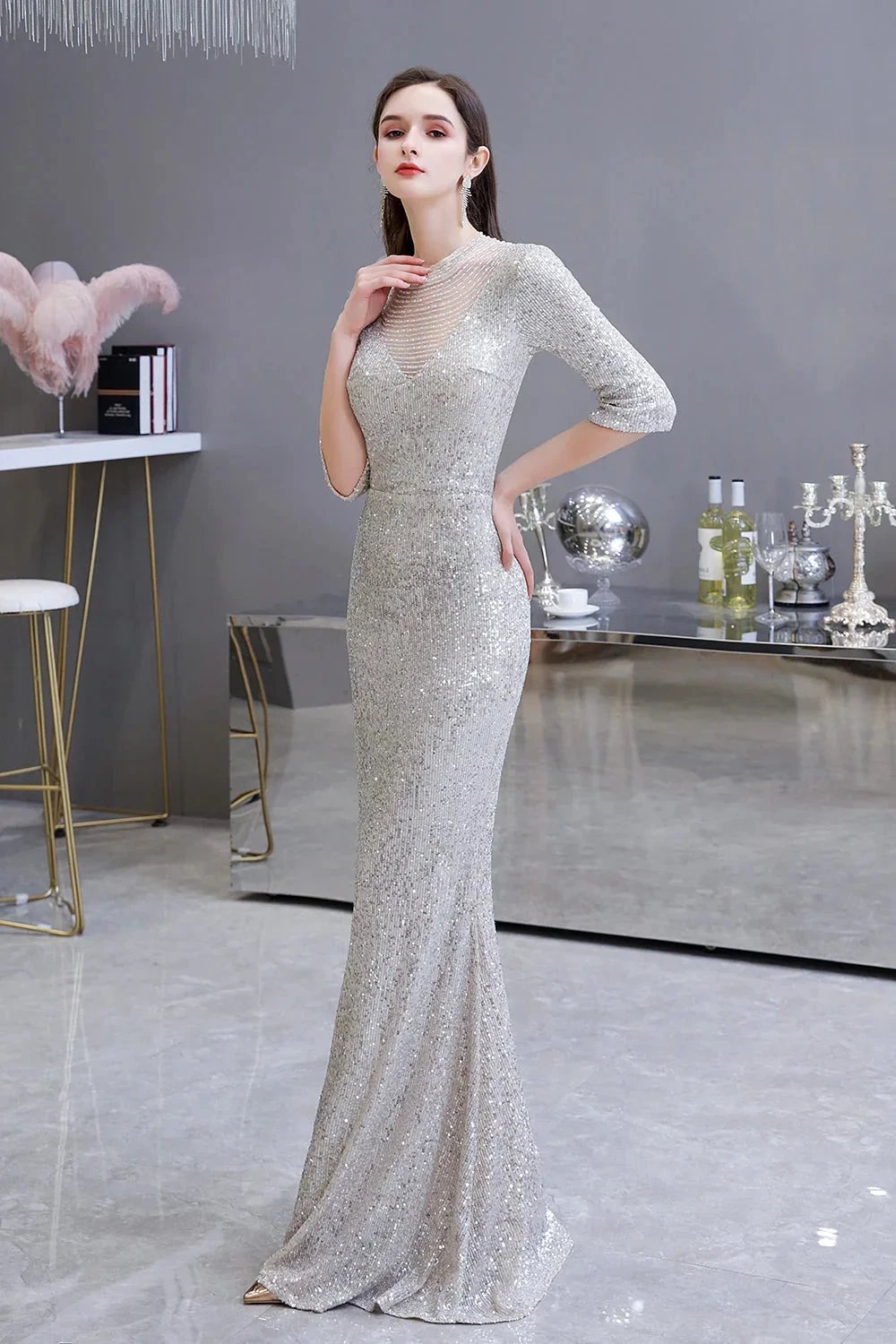 Gorgeous Silver Long sleeves Long Prom Dress by BIZTUNNEL