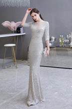 Gorgeous Silver Long sleeves Long Prom Dress by BIZTUNNEL