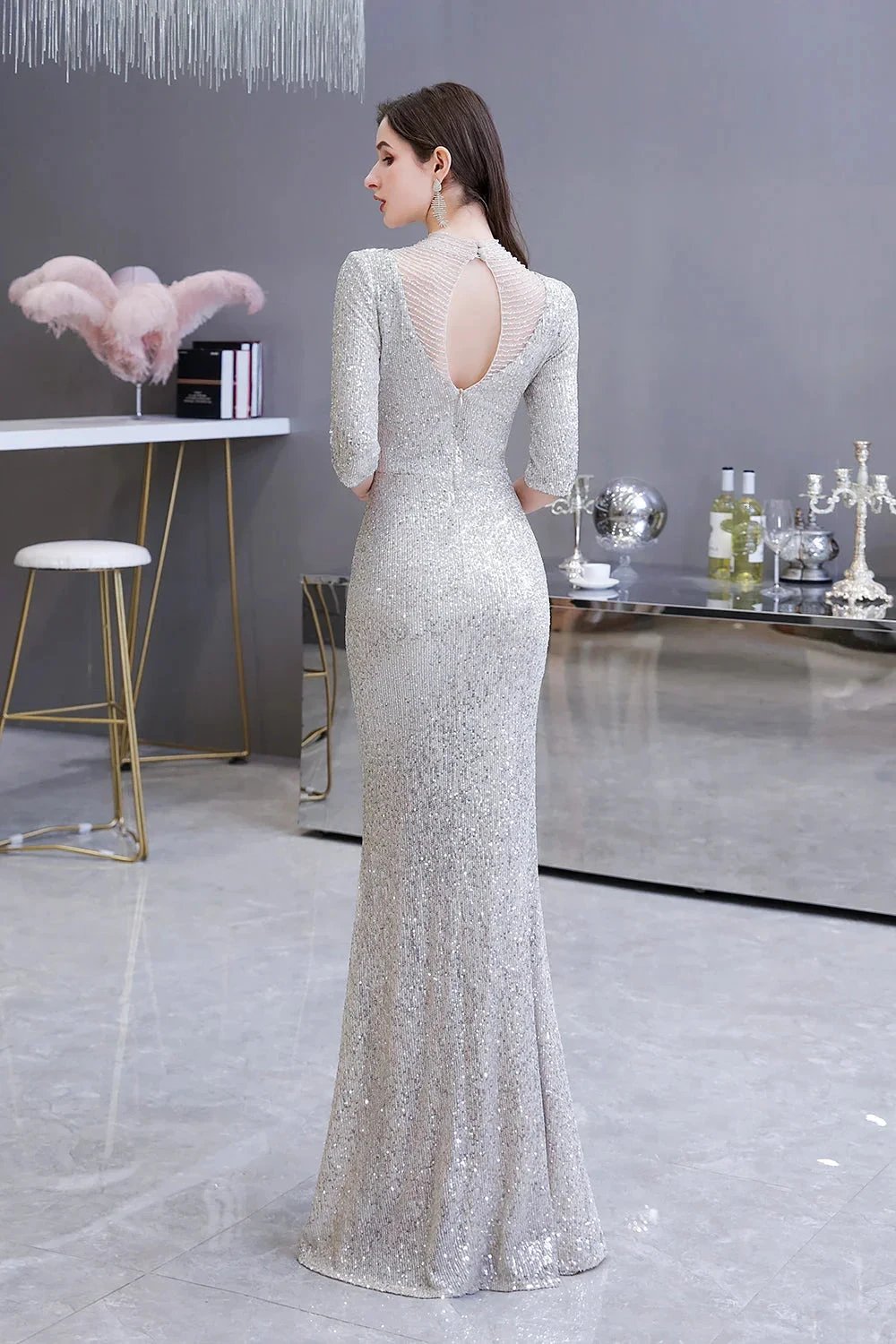 Gorgeous Silver Long sleeves Long Prom Dress by BIZTUNNEL