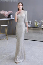 Gorgeous Silver Long sleeves Long Prom Dress by BIZTUNNEL