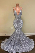 Gorgeous Silver Spaghetti Straps V-neck Appliques Lace Mermaid Prom Dresses by misshow.com