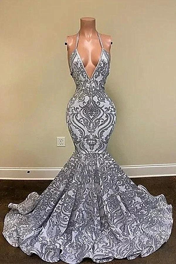 Gorgeous Silver Spaghetti Straps V-neck Appliques Lace Mermaid Prom Dresses by misshow.com