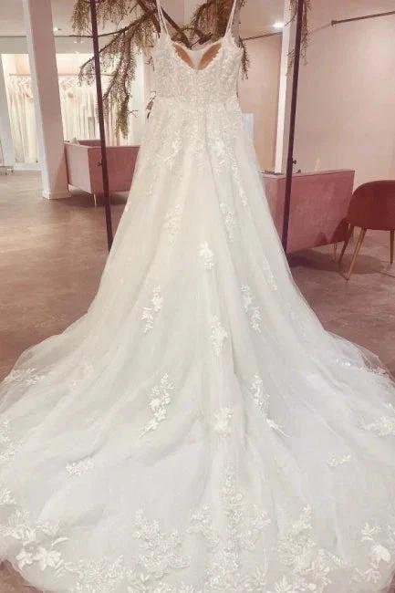 Gorgeous Spaghetti Strap Sleeveless A-Line Floor-Length Tulle Wedding Dresses with Court Train by misshow.com