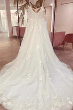 Gorgeous Spaghetti Strap Sleeveless A-Line Floor-Length Tulle Wedding Dresses with Court Train by misshow.com