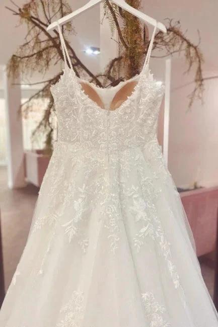 Gorgeous Spaghetti Strap Sleeveless A-Line Floor-Length Tulle Wedding Dresses with Court Train by misshow.com