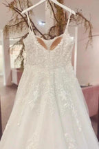 Gorgeous Spaghetti Strap Sleeveless A-Line Floor-Length Tulle Wedding Dresses with Court Train by misshow.com