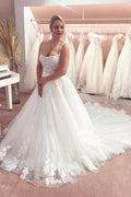 Gorgeous Spaghetti Strap Sleeveless A-Line Floor-Length Tulle Wedding Dresses with Court Train by misshow.com