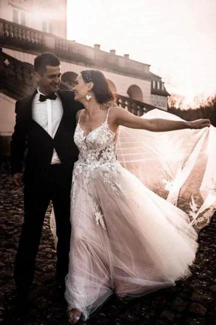 Gorgeous Spaghetti Straps Sleeveless A-Line Tulle Wedding Dresses with Pattern by misshow.com