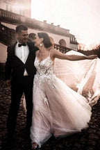 Gorgeous Spaghetti Straps Sleeveless A-Line Tulle Wedding Dresses with Pattern by misshow.com