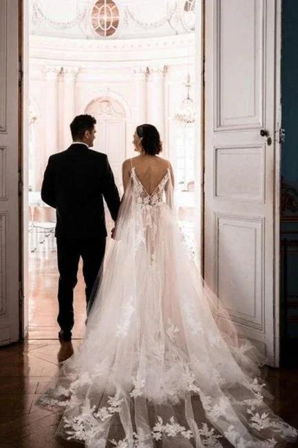 Gorgeous Spaghetti Straps Sleeveless A-Line Tulle Wedding Dresses with Pattern by misshow.com
