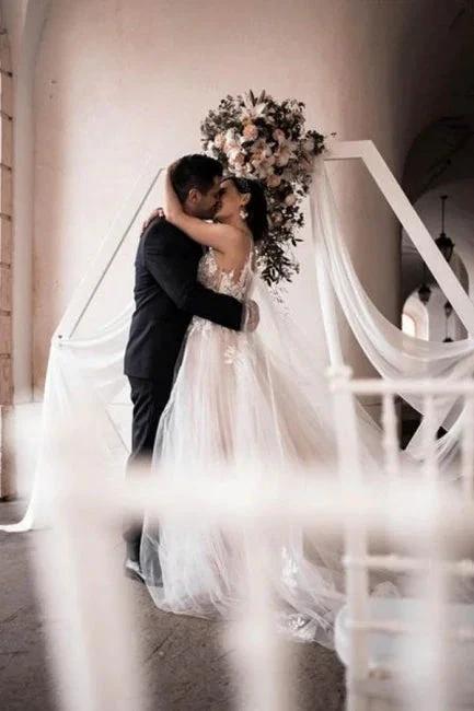 Gorgeous Spaghetti Straps Sleeveless A-Line Tulle Wedding Dresses with Pattern by misshow.com