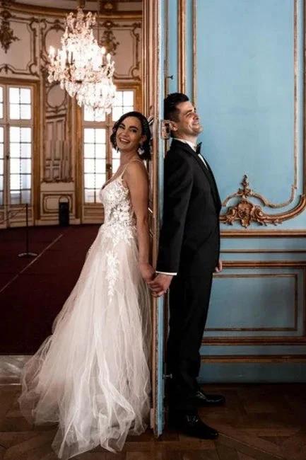 Gorgeous Spaghetti Straps Sleeveless A-Line Tulle Wedding Dresses with Pattern by misshow.com