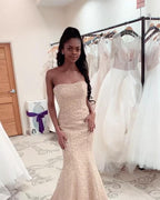 Gorgeous Strapless Beadings Mermaid Wedding Dress Affordable Sleeveless Long Bridal Gown by misshow.com
