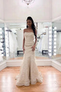 Gorgeous Strapless Beadings Mermaid Wedding Dress Affordable Sleeveless Long Bridal Gown by misshow.com