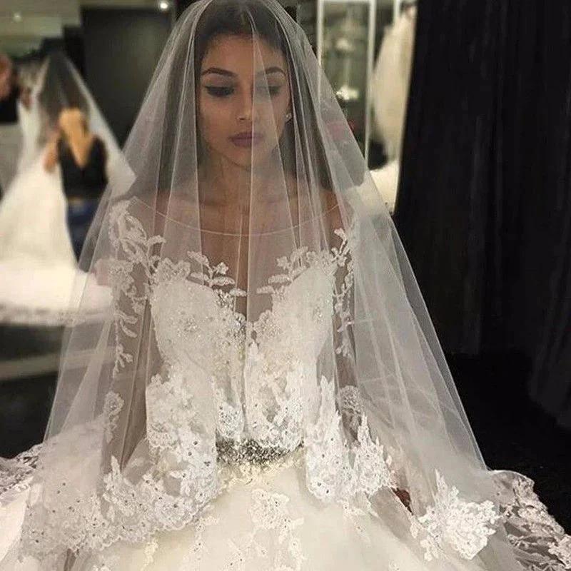Gorgeous Tulle Appliques Scoop Long Sleeves Crystal Wedding Dress by misshow.com