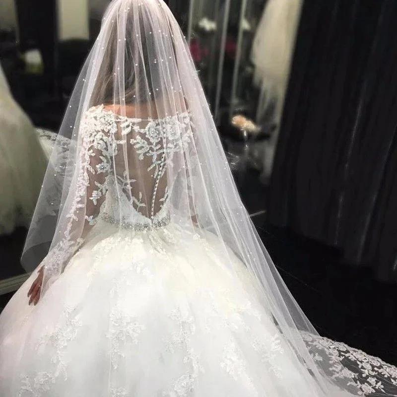 Gorgeous Tulle Appliques Scoop Long Sleeves Crystal Wedding Dress by misshow.com