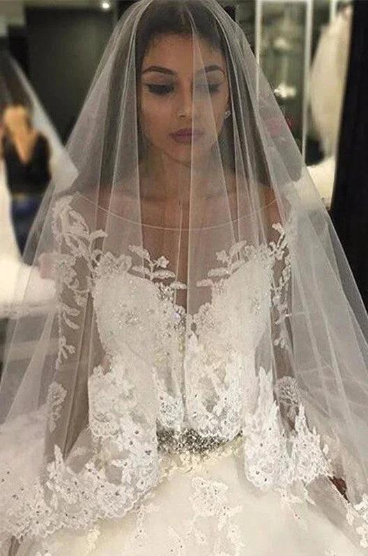 Gorgeous Tulle Appliques Scoop Long Sleeves Crystal Wedding Dress by misshow.com