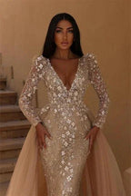 Gorgeous V-Neck Floral Mermaid Long Sleeves Wedding Dress with Detachable Train by misshow.com