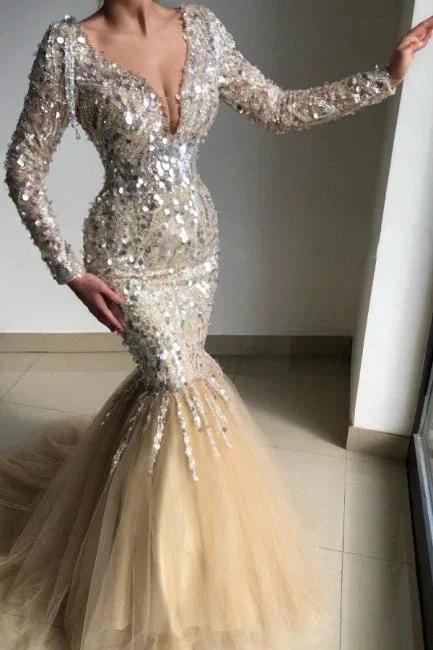 Gorgeous V-Neck Long-Sleeve Mermaid Floor-Length Prom Dresses with Sequins by misshow.com
