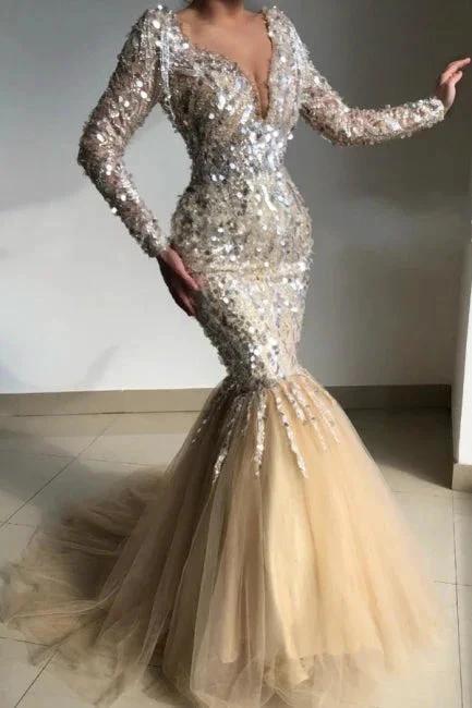 Gorgeous V-Neck Long-Sleeve Mermaid Floor-Length Prom Dresses with Sequins by misshow.com