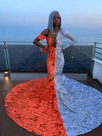 Gorgeous V-neck Off-the-shoulder Long Sleeve Appliques Floor-length Mermaid Prom Dresses by misshow.com