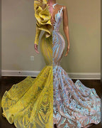 Gorgeous V-neck One Shoulder Long Sleeve Floor-length Mermaid Prom Dresses by misshow.com