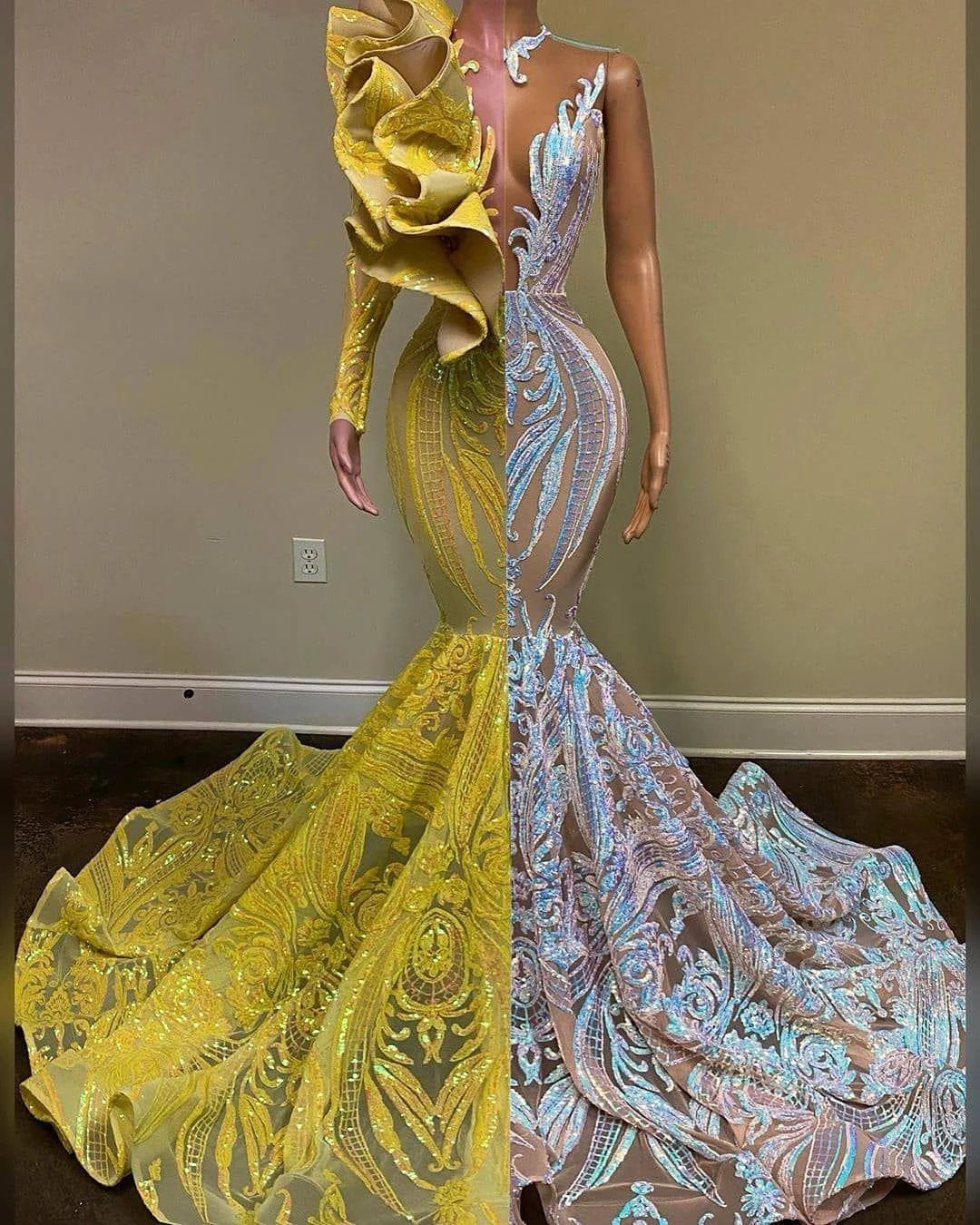 Gorgeous V-neck One Shoulder Long Sleeve Floor-length Mermaid Prom Dresses by misshow.com